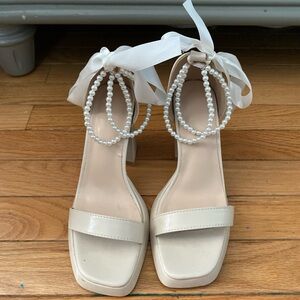 SHEIN White Heels with Pearl Embellishments